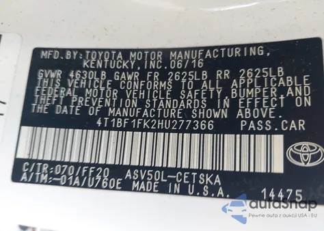 2017 Toyota Camry Se из США, поврежденный, VIN 4T1BF1FK2HU277366